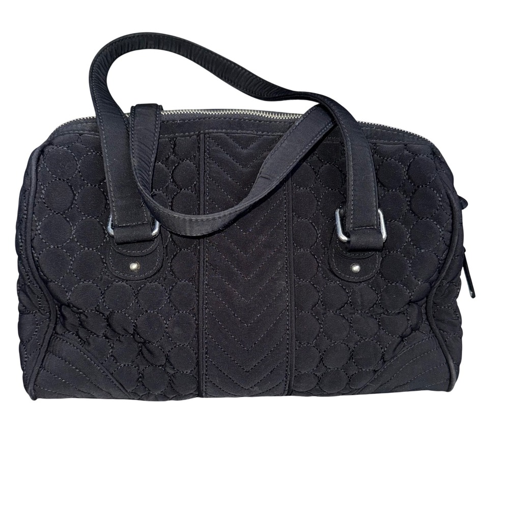 Vera Bradley Black Quilted Microfiber Satchel Floral Lining Handbag Silver Logo